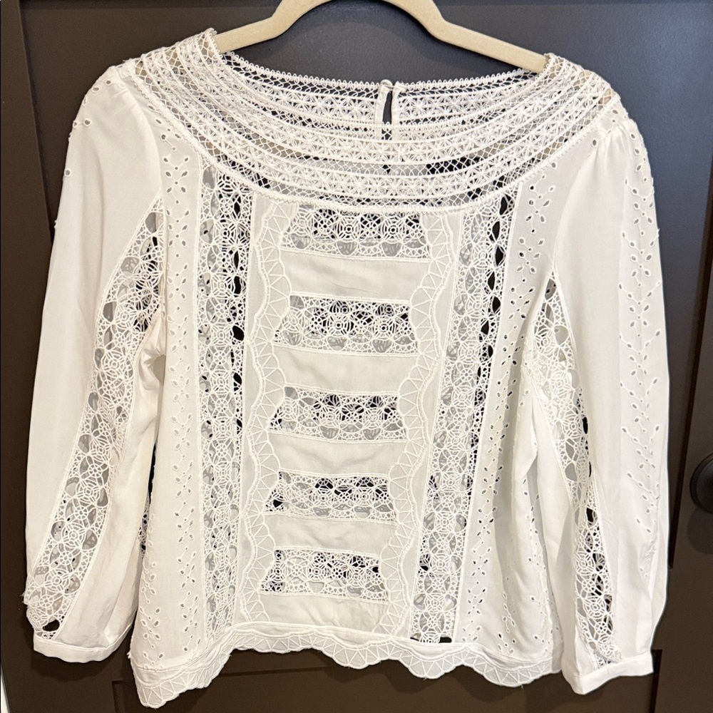 White House Black Market White Crochet Lace Panel Long Sleeve Top